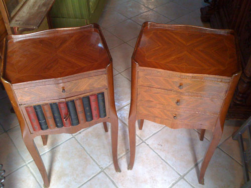 pair of vintage french bedside tables faux books